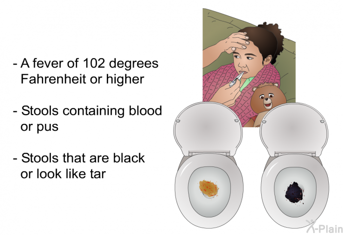 A fever of 102 degrees Fahrenheit or higher Stools containing blood or pus Stools that are black or look like tar
