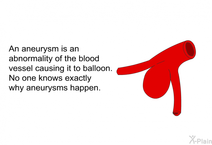An aneurysm is an abnormality of the blood vessel causing it to balloon. No one knows exactly why aneurysms happen.
