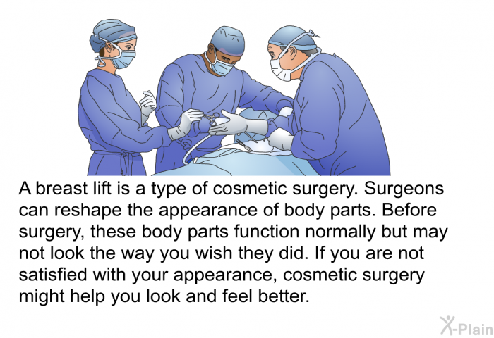A breast lift is a type of cosmetic surgery. Surgeons can reshape the appearance of body parts. Before surgery, these body parts function normally but may not look the way you wish they did. If you are not satisfied with your appearance, cosmetic surgery might help you look and feel better.