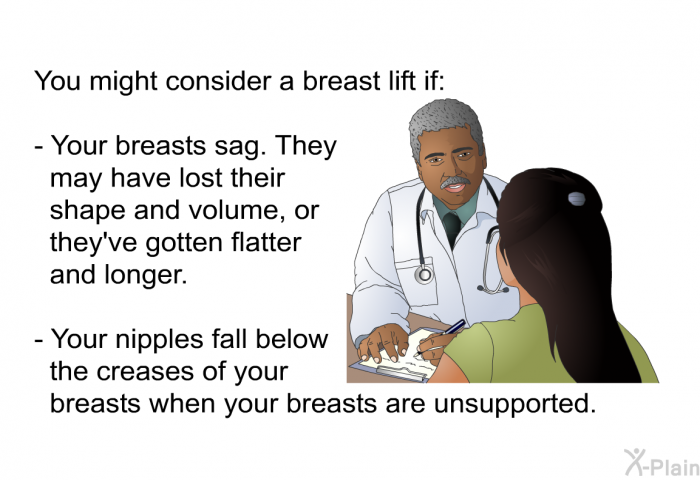 You might consider a breast lift if:  Your breasts sag. They may have lost their shape and volume, or they've gotten flatter and longer. Your nipples fall below the creases of your breasts when your breasts are unsupported.