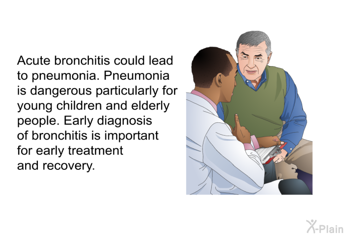 Acute bronchitis could lead to pneumonia. Pneumonia is dangerous particularly for young children and elderly people. Early diagnosis of bronchitis is important for early treatment and recovery.