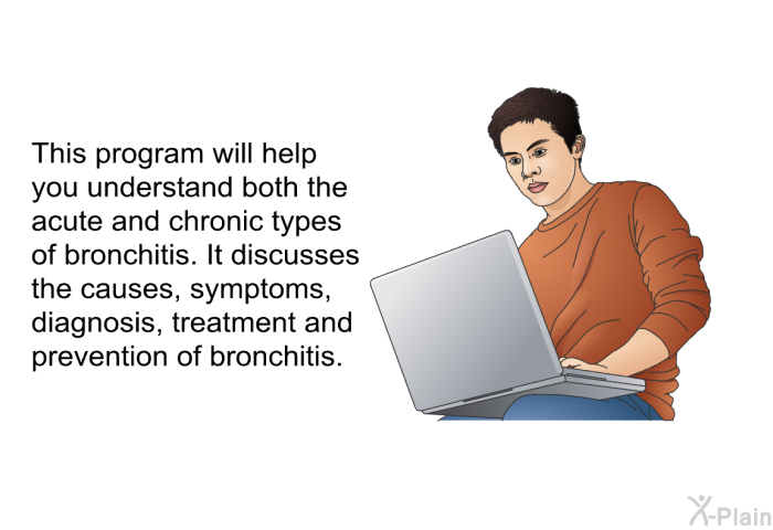 This health information will help you understand both the acute and chronic types of bronchitis. It discusses the causes, symptoms, diagnosis, treatment and prevention of bronchitis.