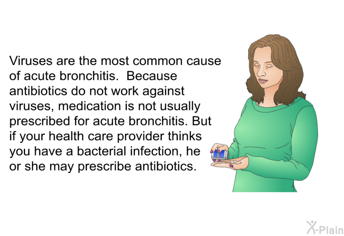 Viruses are the most common cause of acute bronchitis. Because antibiotics do not work against viruses, medication is not usually prescribed for acute bronchitis. But if your health care provider thinks you have a bacterial infection, he or she may prescribe antibiotics.