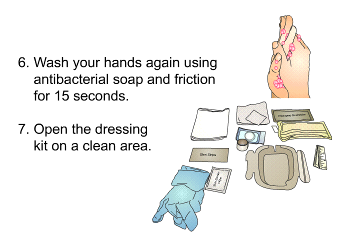 Wash your hands again using antibacterial soap and friction for 15 seconds. Open the dressing kit on a clean area.