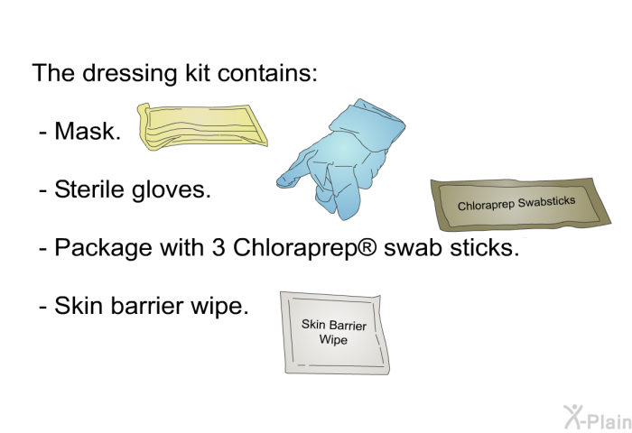 The dressing kit contains:  Mask. Sterile gloves. Package with 3 Chloraprep� swab sticks. Skin barrier wipe.