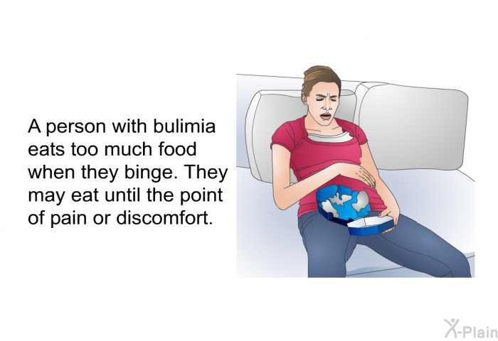 A person with bulimia eats too much food when they binge. They may eat until the point of pain or discomfort.