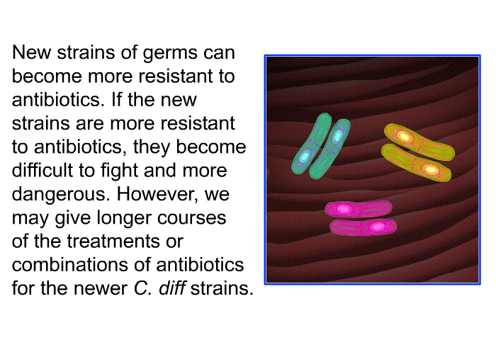 New strains of germs can become more resistant to antibiotics. If the new strains are more resistant to antibiotics, they become difficult to fight and more dangerous. However, we may give longer courses of the treatments or combinations of antibiotics for the newer <I>C. diff</I> strains.
