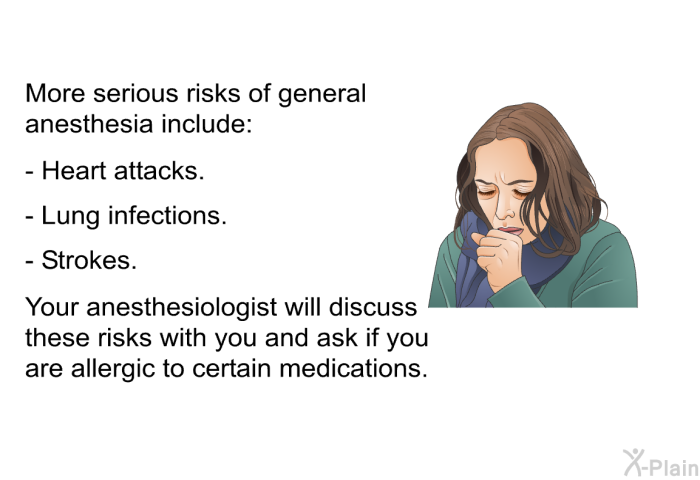 More serious risks of general anesthesia include:  Heart attacks. Lung infections. Strokes.  
 Your anesthesiologist will discuss these risks with you and ask if you are allergic to certain medications.