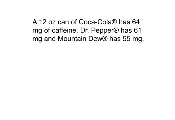 A 12 oz can of Coca-Cola  has 64 mg of caffeine. Dr. Pepper  has 61 mg and Mountain Dew  has 55 mg.