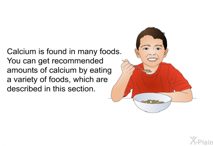 Calcium is found in many foods. You can get recommended amounts of calcium by eating a variety of foods, which are described in this section.