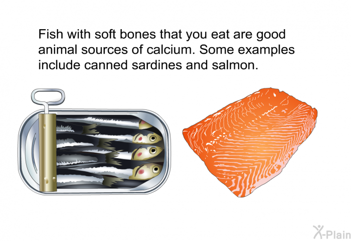 Fish with soft bones that you eat are good animal sources of calcium. Some examples include canned sardines and salmon.