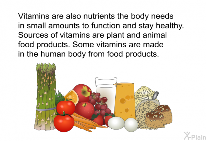 Vitamins are also nutrients the body needs in small amounts to function and stay healthy. Sources of vitamins are plant and animal food products. Some vitamins are made in the human body from food products.