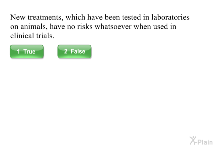 New treatments which have been tested in laboratories on animals, have no risks whatsoever when used in clinical trials.