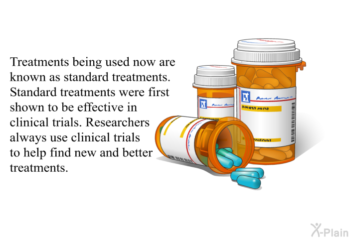 Treatments being used now are known as standard treatments. Standard treatments were first shown to be effective in clinical trials. Researchers always use clinical trials to help find new and better treatments.