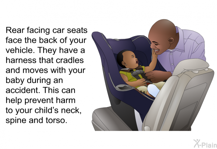 Rear facing car seats face the back of your vehicle. They have a harness that cradles and moves with your baby during an accident. This can help prevent harm to your child's neck, spine and torso.
