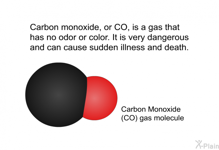 Carbon monoxide, or CO, is a gas that has no odor or color. It is very dangerous and can cause sudden illness and death.