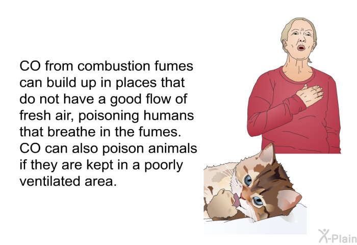 CO from combustion fumes can build up in places that do not have a good flow of fresh air, poisoning humans that breathe in the fumes. CO can also poison animals if they are kept in a poorly ventilated area.