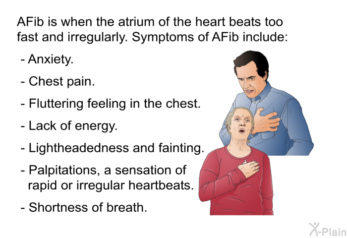 AFib is when the atrium of the heart beats too fast and irregularly. Symptoms of AFib include:  Anxiety. Chest pain. Fluttering feeling in the chest. Lack of energy. Lightheadedness and fainting. Palpitations, a sensation of rapid or irregular heartbeats. Shortness of breath.