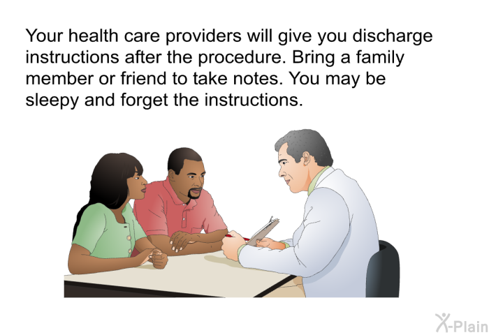 Your health care providers will give you discharge instructions after the procedure. Bring a family member or friend to take notes. You may be sleepy and forget the instructions.