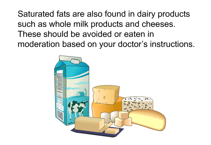 Saturated fats are also found in dairy products such as whole milk products and cheeses. These should be avoided or eaten in moderation based on your health care provider's instructions.