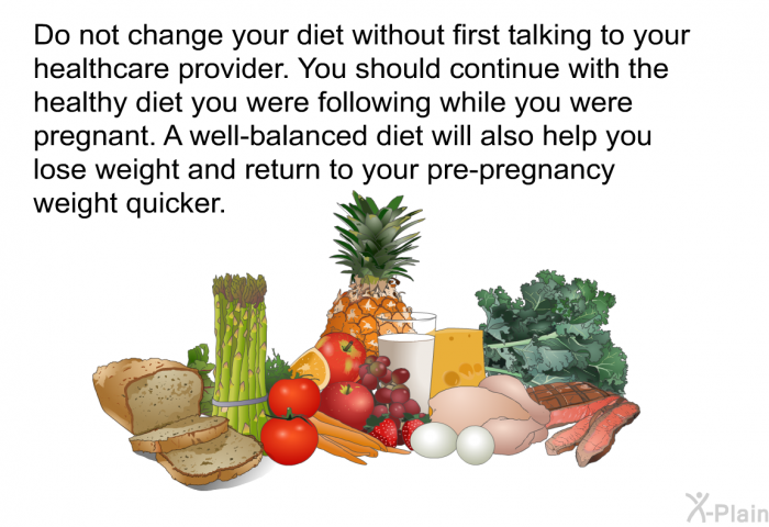 Do not change your diet without first talking to your healthcare provider. You should continue with the healthy diet you were following while you were pregnant. A well-balanced diet will also help you lose weight and return to your pre-pregnancy weight quicker.