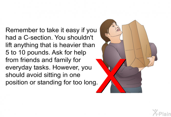 Remember to take it easy if you had a C-section. You shouldn't lift anything that is heavier than 5 to 10 pounds. Ask for help from friends and family for everyday tasks. However, you should avoid sitting in one position or standing for too long.