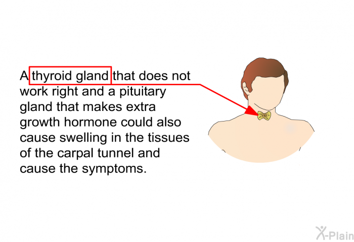 A thyroid gland that does not work right and a pituitary gland that makes extra growth hormone could also cause swelling in the tissues of the carpal tunnel and cause the symptoms.
