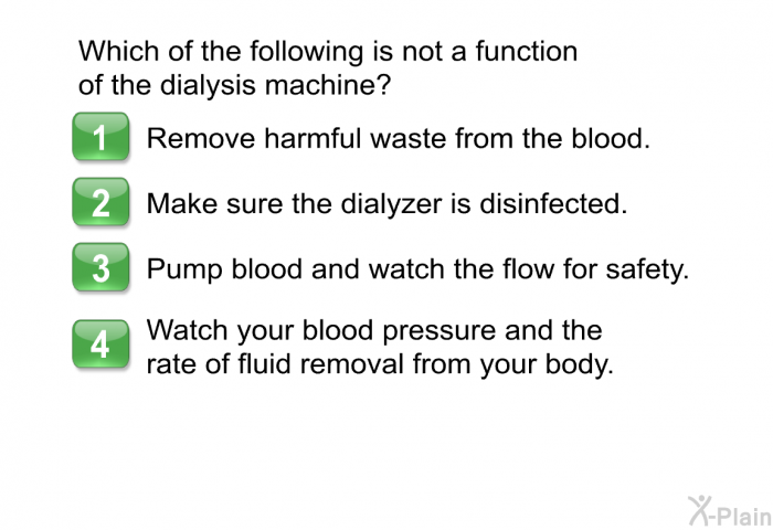 Which of the following is not a function of the dialysis machine?  Remove harmful waste from the blood. Make sure the dialyzer is disinfected. Pump blood and watch the flow for safety. Watch your blood pressure and the rate of fluid removal from your body.