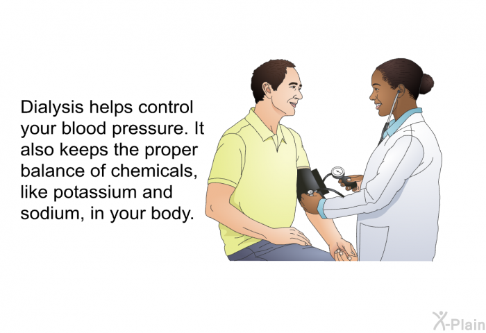 Dialysis helps control your blood pressure. It also keeps the proper balance of chemicals, like potassium and sodium, in your body.