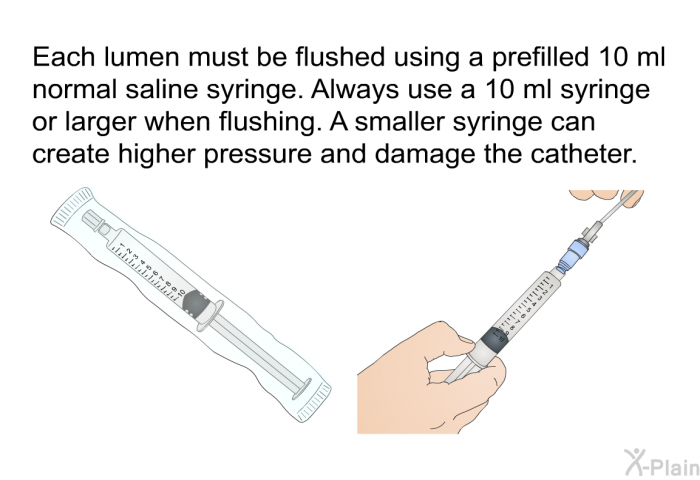 Each lumen must be flushed using a prefilled 10 ml normal saline syringe. Always use a 10 ml syringe or larger when flushing. A smaller syringe can create higher pressure and damage the catheter.