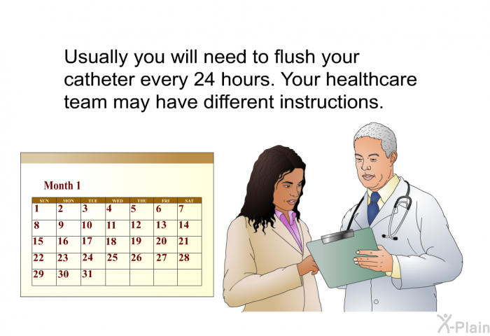 Usually you will need to flush your catheter every 24 hours. Your healthcare team may have different instructions.