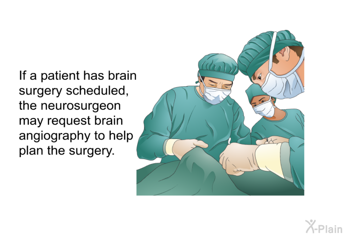 If a patient has brain surgery scheduled, the neurosurgeon may request brain angiography to help plan the surgery.
