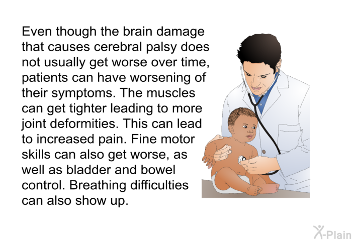 Even though the brain damage that causes cerebral palsy does not usually get worse over time, patients can have worsening of their symptoms. The muscles can get tighter leading to more joint deformities. This can lead to increased pain. Fine motor skills can also get worse, as well as bladder and bowel control. Breathing difficulties can also show up.