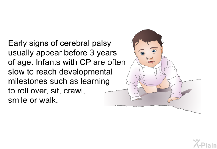 Early signs of cerebral palsy usually appear before 3 years of age. Infants with CP are often slow to reach developmental milestones such as learning to roll over, sit, crawl, smile or walk.