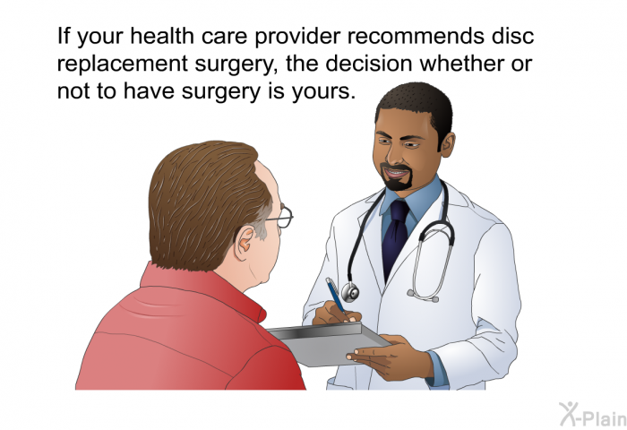 If your health care provider recommends disc replacement surgery, the decision whether or not to have surgery is yours.