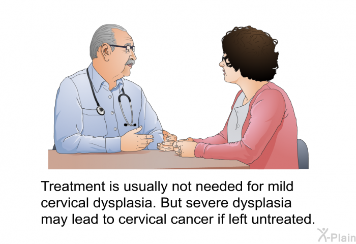Treatment is usually not needed for mild cervical dysplasia. But severe dysplasia may lead to cervical cancer if left untreated.