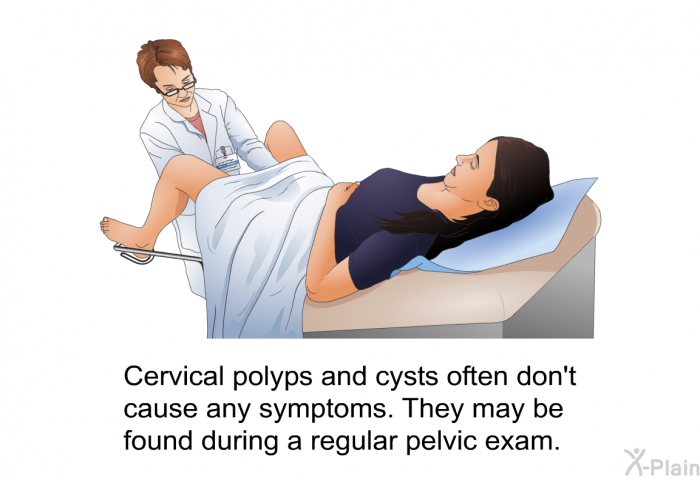 Cervical polyps and cysts often don't cause any symptoms. They may be found during a regular pelvic exam.