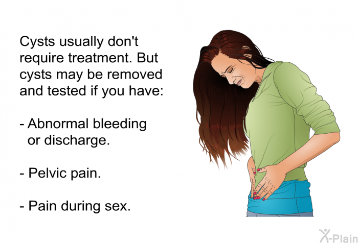 Cysts usually don't require treatment. But cysts may be removed and tested if you have:  Abnormal bleeding or discharge. Pelvic pain. Pain during sex.
