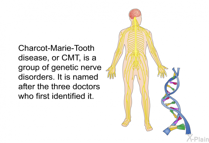 Charcot-Marie-Tooth disease, or CMT, is a group of genetic nerve disorders. It is named after the three doctors who first identified it.