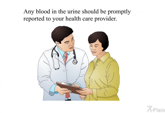 Any blood in the urine should be promptly reported to your health care provider.