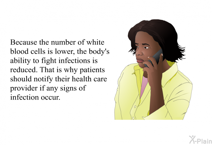 Because the number of white blood cells is lower, the body's ability to fight infections is reduced. That is why patients should notify their health care provider if any signs of infection occur.