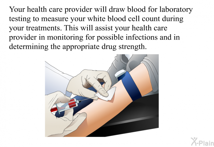 Your health care provider will draw blood for laboratory testing to measure your white blood cell count during your treatments. This will assist your health care provider in monitoring for possible infections and in determining the appropriate drug strength.