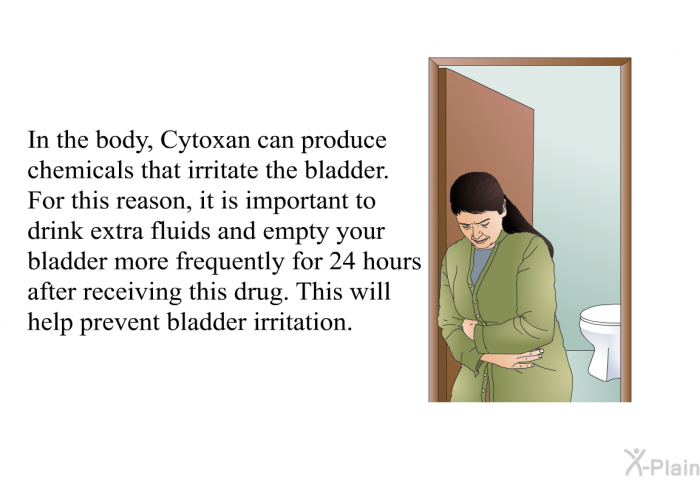 In the body, Cytoxan can produce chemicals that irritate the bladder. For this reason, it is important to drink extra fluids and empty your bladder more frequently for 24 hours after receiving this drug. This will help prevent bladder irritation.