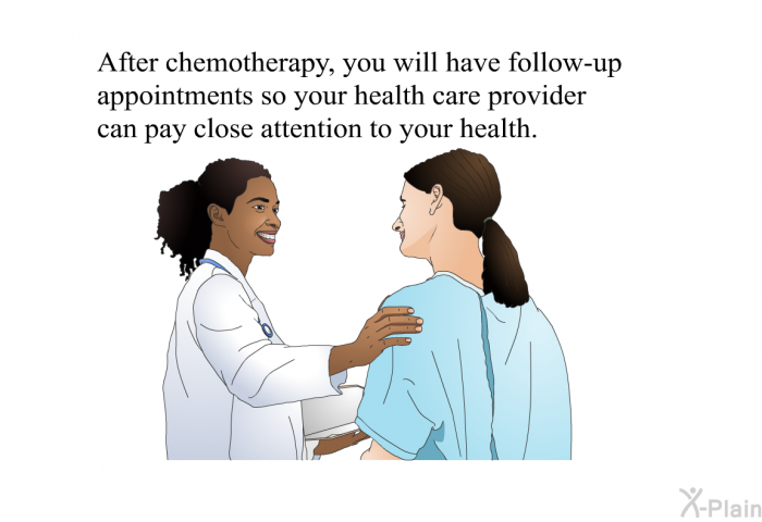 After chemotherapy, you will have follow-up appointments so your health care provider can pay close attention to your health.
