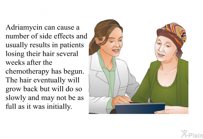 Adriamycin can cause a number of side effects and usually results in patients losing their hair several weeks after the chemotherapy has begun. The hair eventually will grow back but will do so slowly and may not be as full as it was initially.