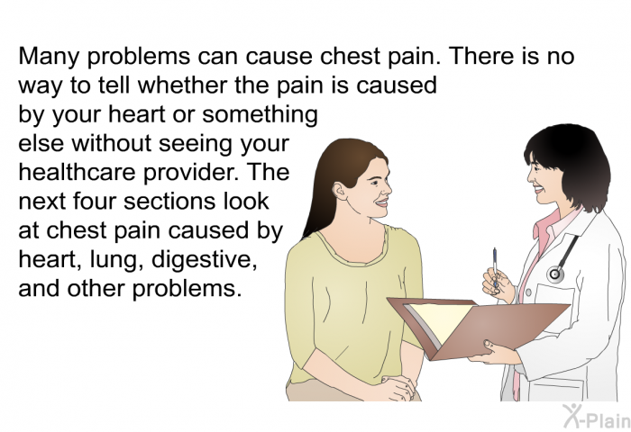 Many problems can cause chest pain. There is no way to tell whether the pain is caused by your heart or something else without seeing your healthcare provider. The next four sections look at chest pain caused by heart, lung, digestive, and other problems.