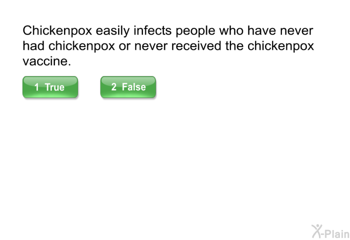 Chickenpox easily infects people who have never had chickenpox or never received the chickenpox vaccine.