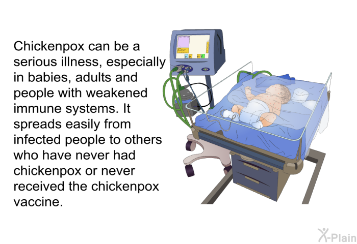 Chickenpox can be a serious illness, especially in babies, adults and people with weakened immune systems. It spreads easily from infected people to others who have never had chickenpox or never received the chickenpox vaccine.