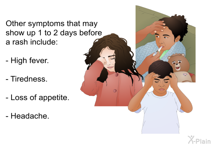 Other symptoms that may show up 1 to 2 days before a rash include:  High fever. Tiredness. Loss of appetite. Headache.