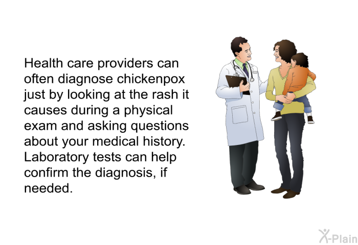 Health care providers can often diagnose chickenpox just by looking at the rash it causes during a physical exam and asking questions about your medical history. Laboratory tests can help confirm the diagnosis, if needed.